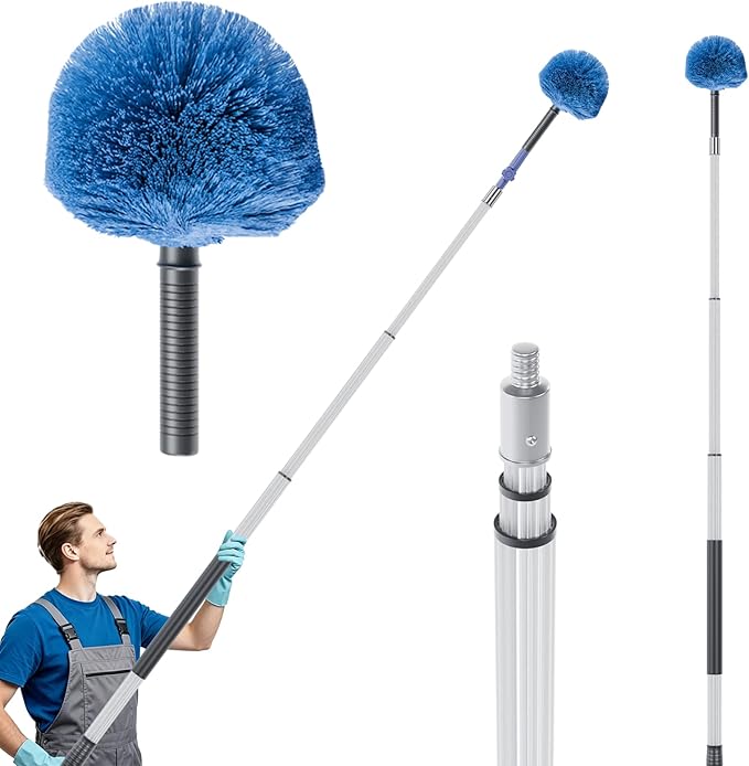 4-10 FT Spider Web Brush with Pole, Cobweb Duster with Extension Pole for Outdoor & Indoor Cleaning, Washable Cleaning Duster Kit with 2 Duster Heads for High Ceilings 18 Ft Reach