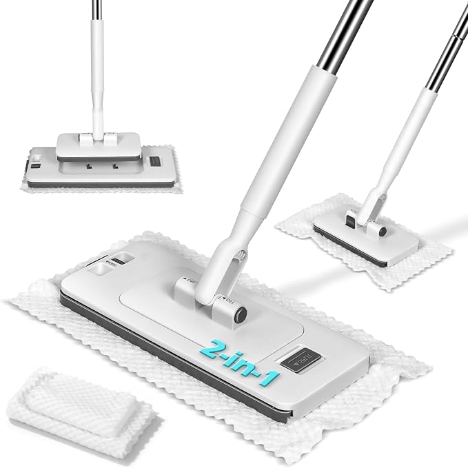 MASTERTOP Hands Free Flat Mop with Mini Sweeper Mop,2-in-1 Disposable Dust Mop with 47" Long Handle,Microfiber Mops for Floor Cleaning,No-Touch, Multi Surface Floor Cleaning