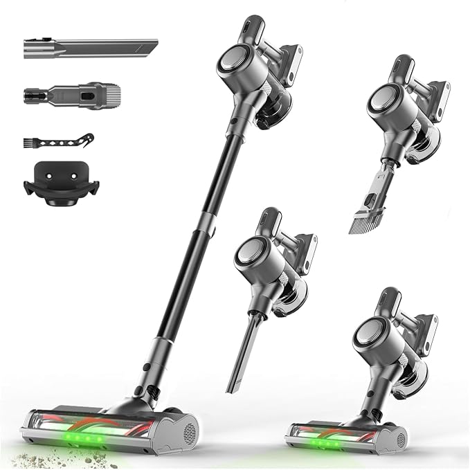 Cordless Stick Vacuum Cleaner - Rechargeable,40Kpa Powerful Suction Vacuum for Home,45Mins Runtime,Detachable Battery,Anti-Tangle, 8 in 1 Lightweight Vacuum for Pet Hair Carpet Hardwood,Silver