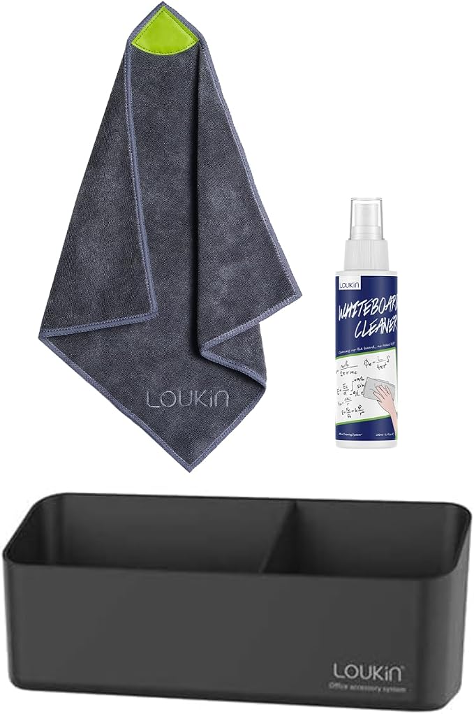 loukin | Magnetic and Adhesive Marker Holder (Black) & Magnetic Cleaning Cloth 1 Pack & Whiteboard Cleaner (3.4 fl oz) 1 Pack