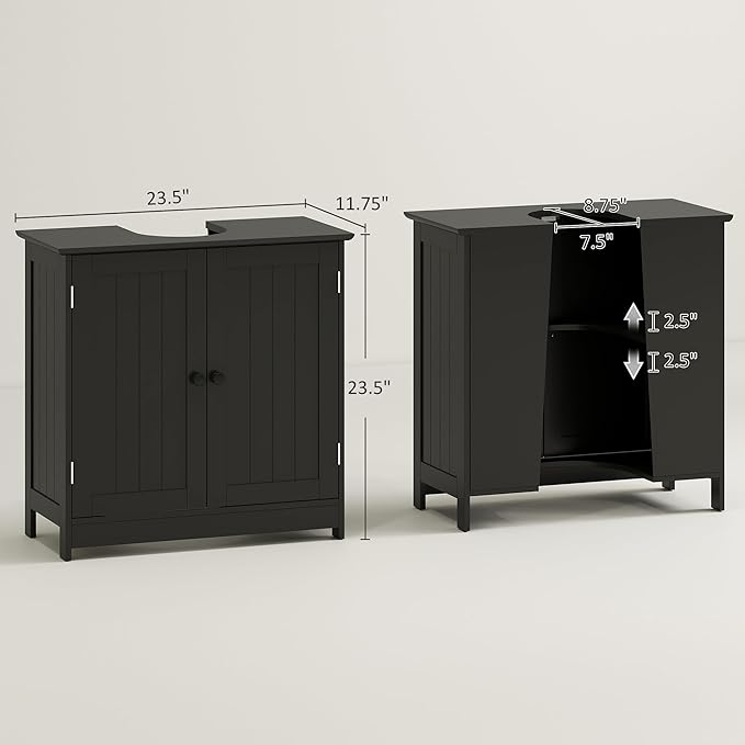 HOMCOM Under Sink Bathroom Cabinet, Pedestal Sink Storage Cabinet with 2 Doors, Shelf and U-Shape, Black
