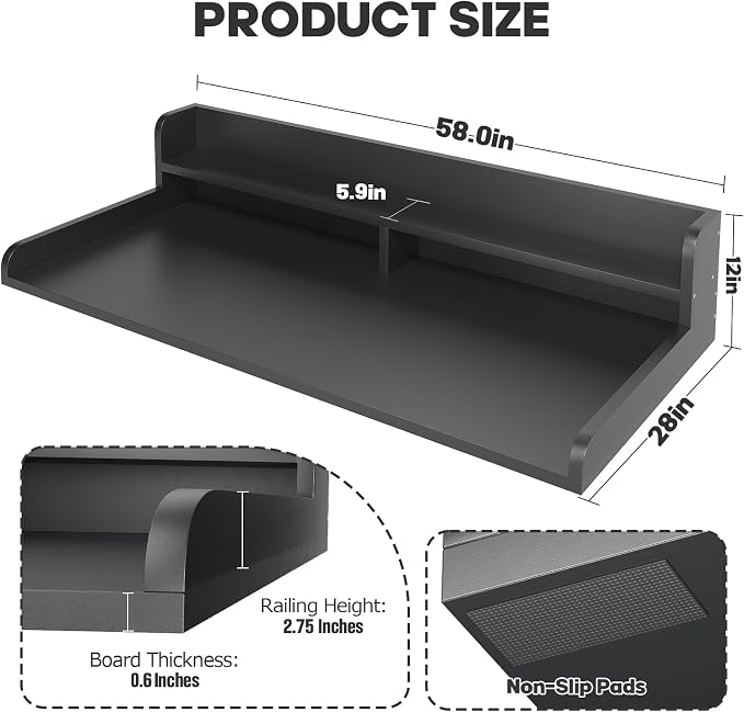 2-Tier Washer Dryer Countertop with 2.75" H Edge Rails, 58" W x 28" D Laundry Countertop for Folding Clothes, Washer and Dryer Topper with Non-Slip Pad (Black)