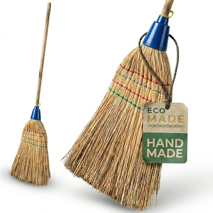 Handmade Corn Broom with Wood Handle 56 Inch - Traditional Heavy Duty Outdoor Broom for Sweeping Indoor Floors, Natural Straw Sweeper for Carpet Hardwood Yard