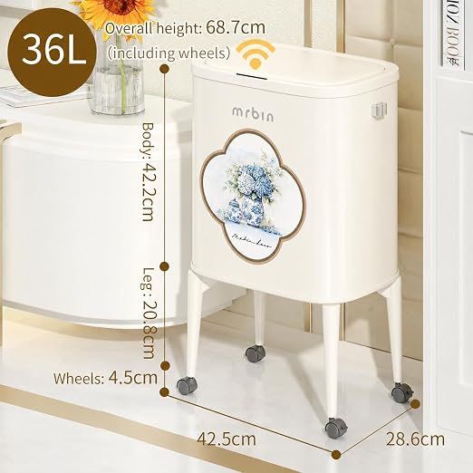 MRBIN Metal Motion Sensor Kitchen Trash Can with Wheel Legs, 36L / 9.5gal Medium Press Lid Slim Waste Basket, Narrow Garbage Pail for Vanity, Living Room, Bathroom, Bedroom, Blue and White Porcelain