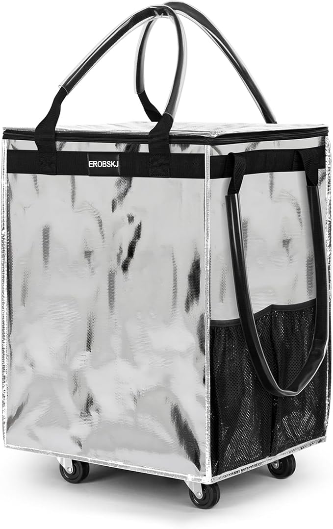 (Medium,Silver) Reusable Grocery Bag on Wheels, 70L Foldable Rolling Tote, Carries Up to 66 lbs Shopping Trolley, Zipper Clouser Shopping Carts for Trips, Laundry, 4 Heavy Duty Wheels and 3 Handles