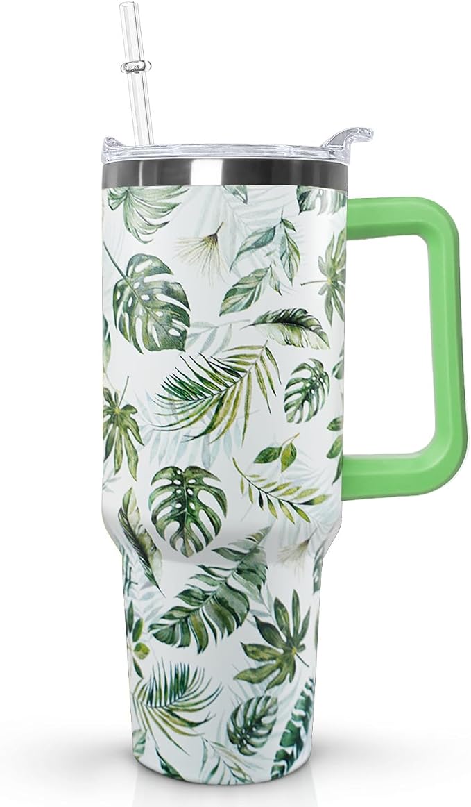 Ceovfoi 40 oz Green Insulated Stainless Tumbler - Tropical Plant Travel Coffee Cup, Water Bottle, Gardeners Gift