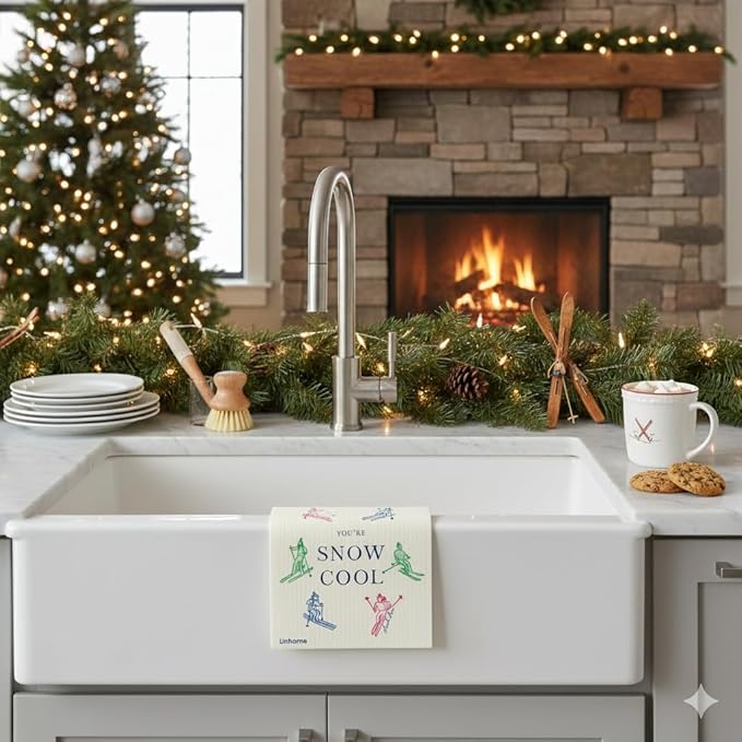Christmas Holiday Ski Collection Swedish Dishcloth, Reusable Paper Towel, Super Absorbent Cellulose Sponge, Washable Kitchen Cleaning Cloth (Ski Snow Cool - 1 Pack)