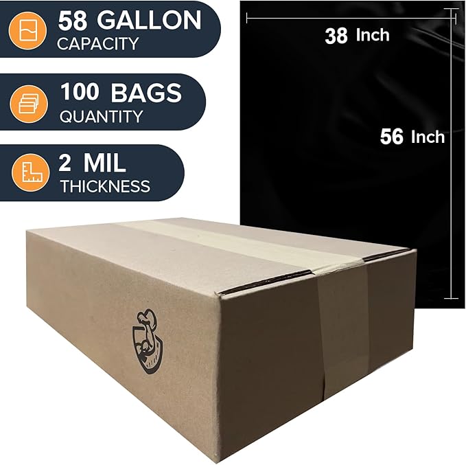 100 packs-Large 55-60 Gallon Heavy Duty Trash Can Bags|2 Mil |Black Thickened/Plastic Bag-Kitchen&Yard,Building,Outdoor,Hotel, Property-Made in the USA