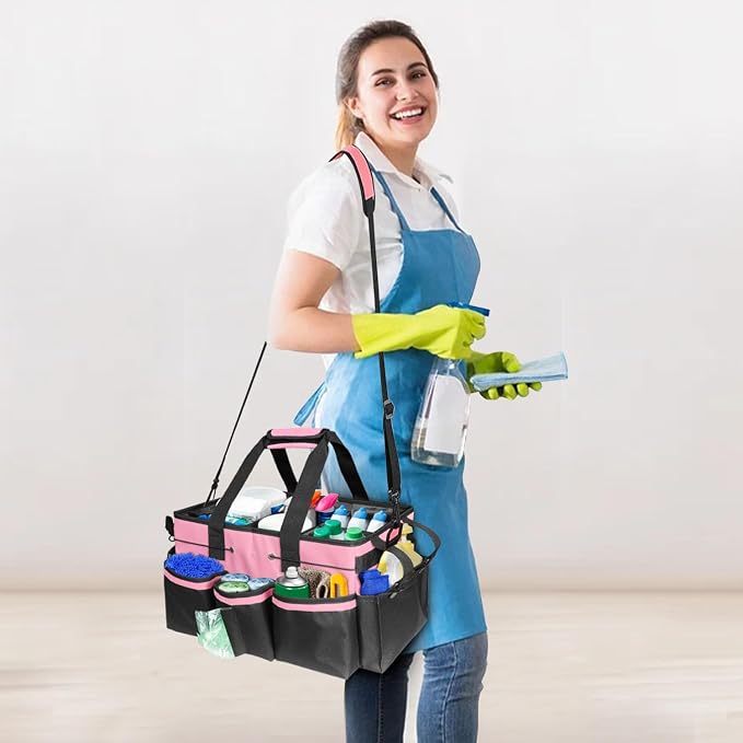 Grekos Large Cleaning Caddy Bags, Cleaning Caddy Suppliers Organizer with 4 Detachable Divider, Supply Caddy With Adjustable Shoulder Strap & Waist Belt For Housekeepers, Home, Car(Pink)