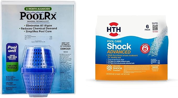 Pool RX 101001 6 Month Algaecide Blue Treats 7.5k-20k gallons + HTH 52036 Swimming Pool Care Shock Advanced, Swimming Pool Chemical, Cal Hypo Formula, (6 pack)