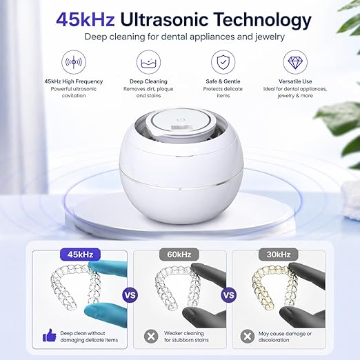 Ultrasonic Retainer Cleaner Machine with 3 Retainer Cleaning Tablets - 45kHz Dental Cleaning Pod with 2 Modes, Deep Cleaning Ultrasonic Cleaner for Dentures, Aligners, Mouth Guards