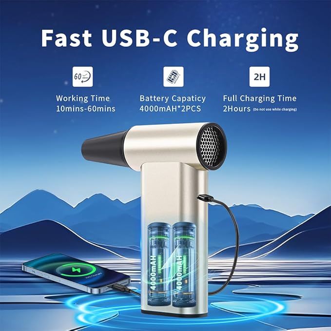 Compressed Air Duster, 300000RPM Aluminum Electric Air Duster, Rechargeable Cell Phone Charger, 4-Gear Handheld Blower Vacuum Cordless, Dust Blower for Keyboard/Computer/House/Outdoor and Car