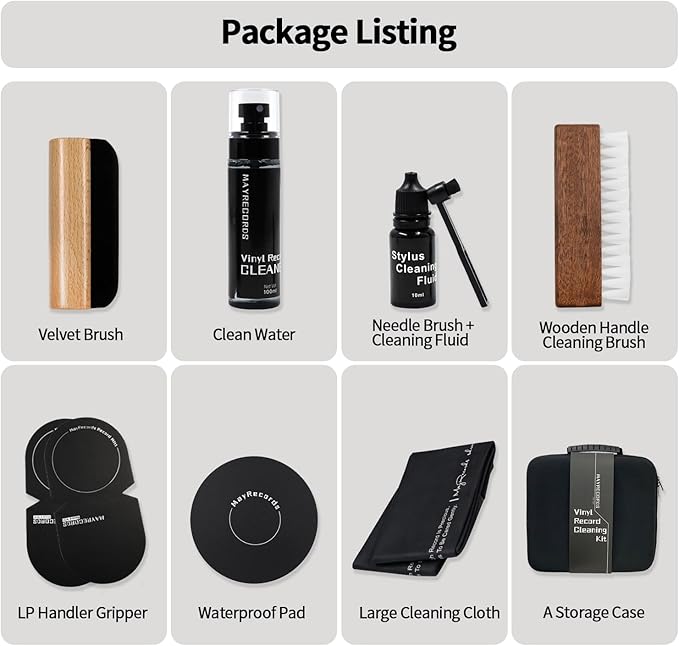 sdroceRyaM Vinyl Record Cleaning Kit 9 -in-1 Vinyl Records Cleaner Kit Soft Velvet & Record Brushes, LP Cleaning Brush, Anti-Static Microfiber Cloth, Record Mitts, Needle Brush, Storage Box