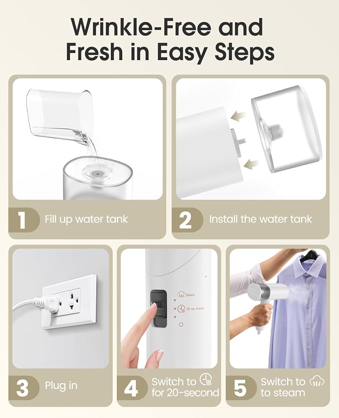 Handheld Steamer for Clothes, 1200W Foldable Travel Steamer, 20 Sec Preheat Garments Wrinkle Remover, 120V Portable Hand Iron with 150ml Water Tank, Clothes Steamer for Home Travel White