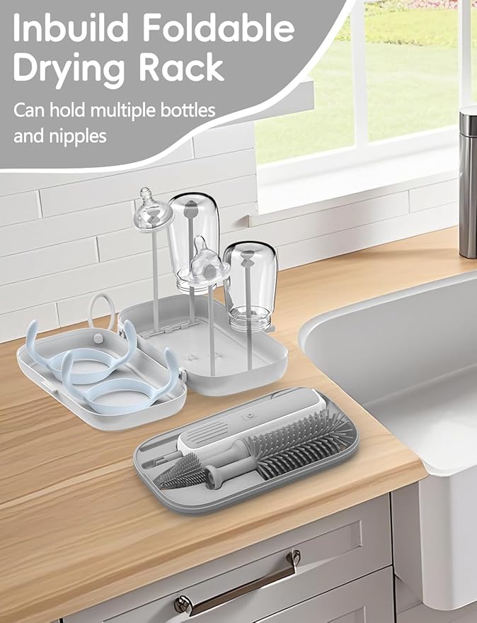 Yasew Electric Bottle Brush Cleaner, Baby Bottle Brush Travel Set, 360° Efficient Cleaning, 2000 mAh Battery, Travel Bottle Brush Set with Drainage Rack and Storage Box, Baby Travel Essential Grey
