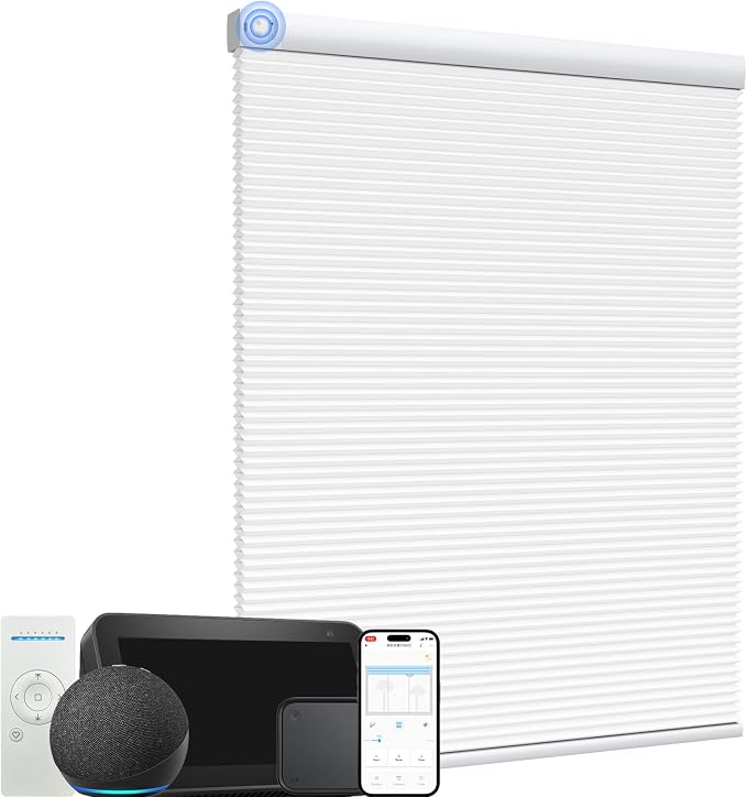 MYshade Motorized Cellular Shades - Smart Blinds Compatible with Alexa/Google Home/SmartThings,Light Filtering Rechargeable Cordless Honeycomb Blinds, Custom-Size Auto Shades for Windows (White)