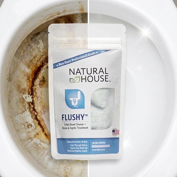 Enzyme Toilet Bowl Cleaner & Septic Treatment - Natural House Flushy - Probiotic Foaming Pods Remove Hard Water Stains, Rust, Calcium - Mint Scent - 60 Count