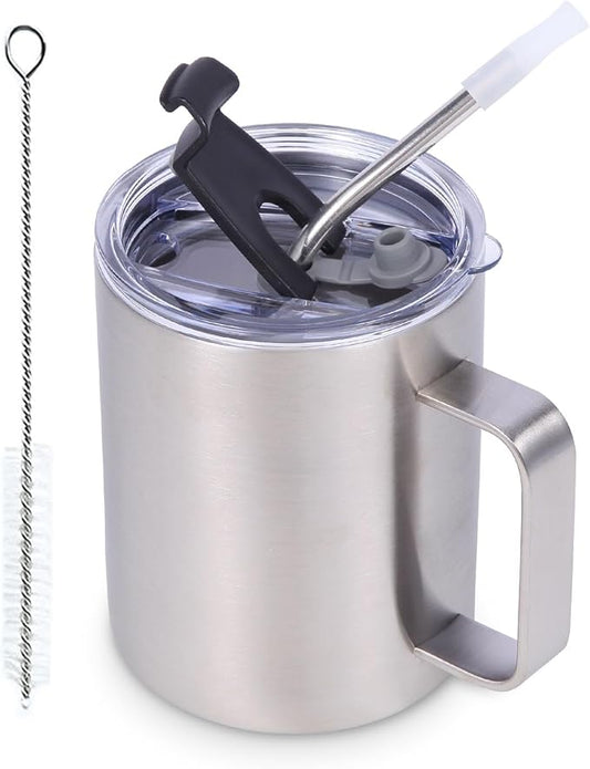 Volhoply 12oz Insulated Leakproof Coffee Mug with Flip & Straw Lid,Double Wall Vacuum Stainless Steel Travel Cafe Tumbler Cup with Handle,Reusable Camping Mugs Keep Cold/Hot(Silver,1 Set)