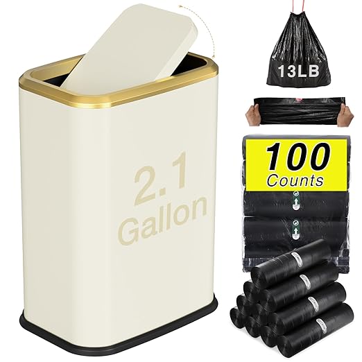 Bathroom Trash Can with Lid 8L/2.1 Gallon Beige Trash Can Small Garbage Can with Swing Top Lid Slim Stainless Steel Garbage Can with 100 Counts Trash Bags for Bathroom Bedroom Kitchen Office Toilet