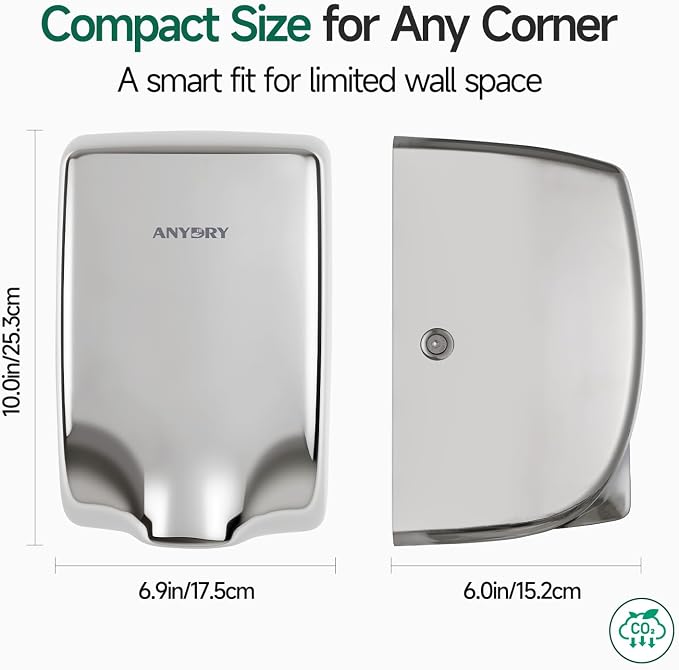 anydry Compact Hand Dryer, High-Speed 1350W Airflow, Polished Stainless Steel Finish, Space-Saving for Commercial & Home Use, Model AD2803Y