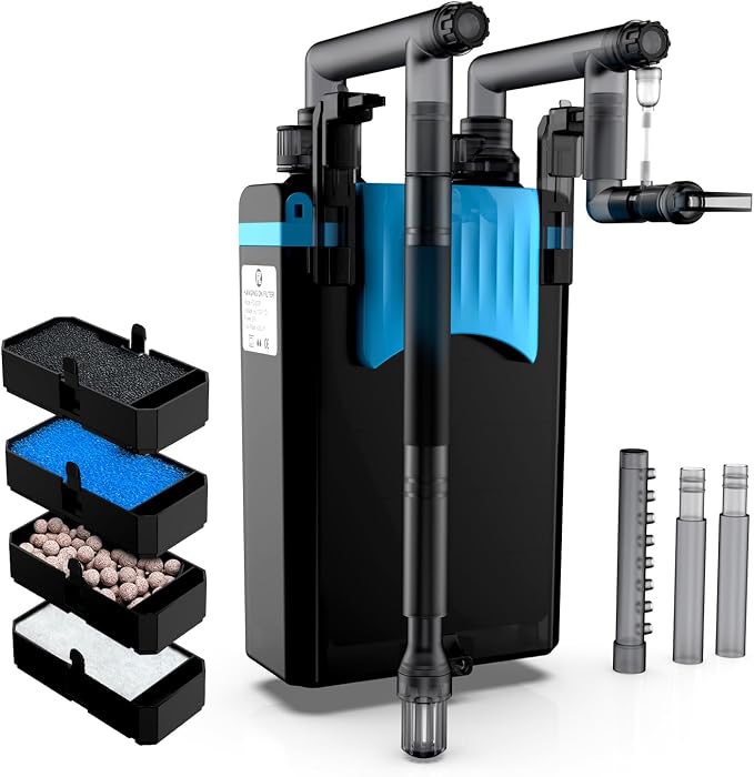 FZONE HOB Aquarium Filter for Small Fish Tanks, 4-Stage Hang on Back Canister Filter, 106 GPH Adjustable Flow, Rainfall, Duckbill & Direct Flow Outlets (S)