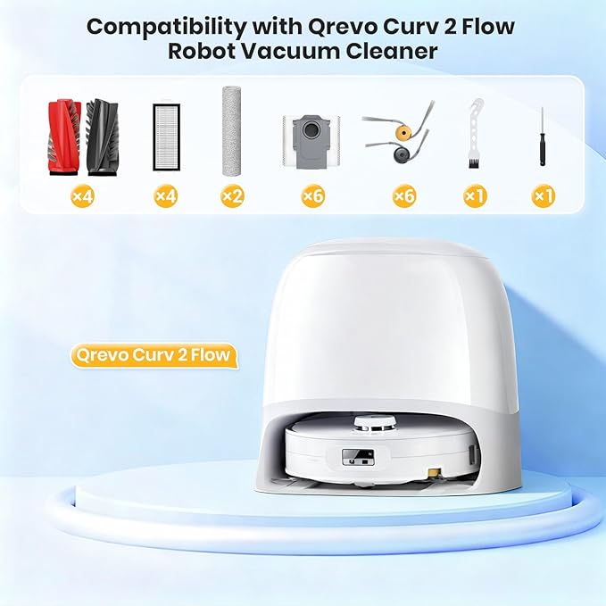 Roller Brush and HEPA Filter Replacement Compatible with Roborock Qrevo Curv 2 Flow Robot Vacuum Cleaner,4 Main Brush,2 Roller Mop Cloth, 4 HEPA Filter,6 Side Brush,6 Dust Bag,Accessories Parts Kit