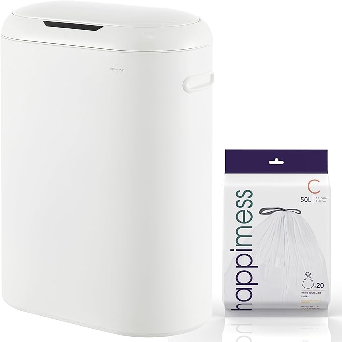 happimess HPM1016C Robo Kitchen 13.2-Gallon Slim Oval Motion Sensor Touchless Trash Can with Touch Mode, Fingerprint Resistant, Modern, Minimalistic for Home, Kitchen, Office, Bathroom, Cotton White