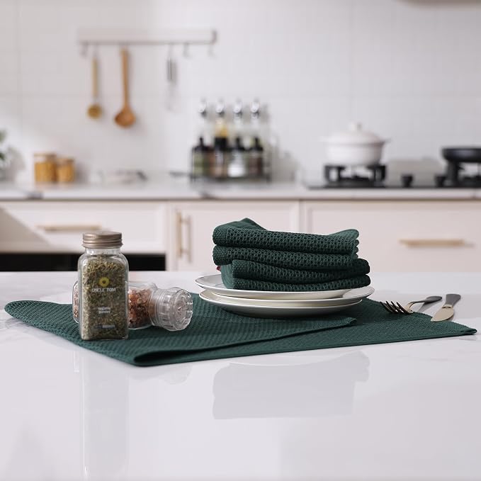 Kitinjoy 100% Cotton Waffle Weave Kitchen Hand Towels (13 X 28 Inches, Blackish Green), 6-Pack Super Soft and Absorbent Dish Towel for Drying Dishes