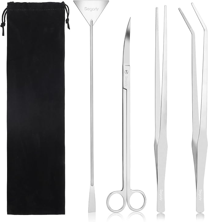 Segarty Longer Aquarium Aquascaping Tools, 4 in 1 Stainless Steel Silver Aquarium Tools Kit for Aquatic Plant Fish Tank, Scraper Spatula Feeding Tweezers Curved Scissors Anti Rust Aquascape Set