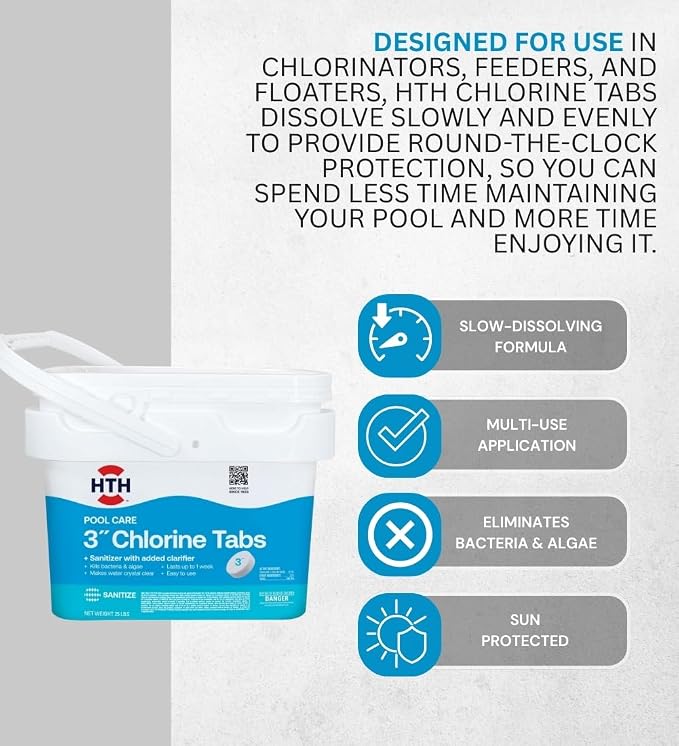 HTH 42046 Swimming Pool Care 3" Chlorine Tabs, Swimming Pool Chlorinating Sanitizer, 25lb