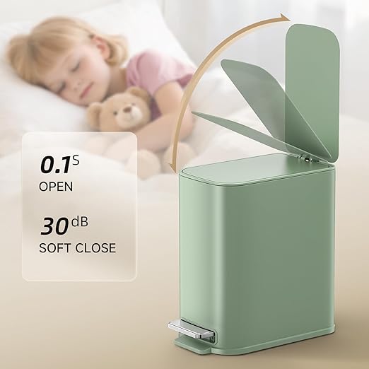 TIPGO Small Bathroom Trash Can with Lid Soft Close, Step Pedal, 1.3 Gallon / 5 Liter Stainless Steel Slim Garbage Can for Office, Diaper Waste Basket with Removable Inner Bucket (Green)