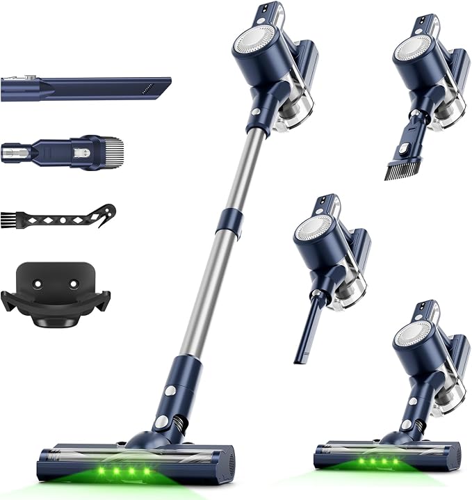 Cordless Vacuum Cleaner: 30KPA Powerful Suction Stick Vacuum, Anti-Tangle | Portable 6-in-1 Rechargeable Vacuum, Green LED Light, Ideal for Pet Hair, Low-Pile Carpets & Hard Floors-Dark Blue
