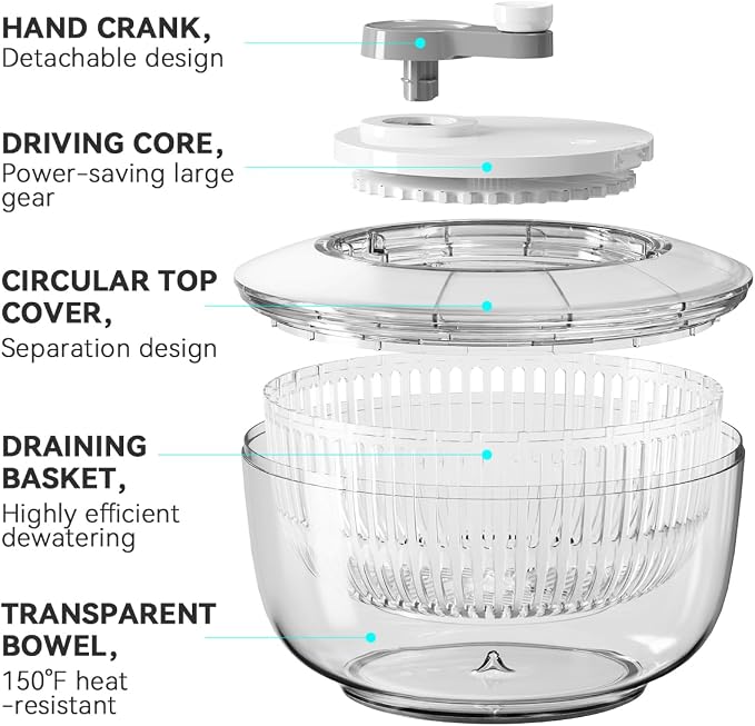 KEOUKE Manual Salad Spinner - Hand-Crank Vegetable & Lettuce Dryer for Washing, Spinning, and Draining Greens, Fruits, and Vegetables - Food-Grade Material, Easy-Clean Detachable Parts 4.2Qt.