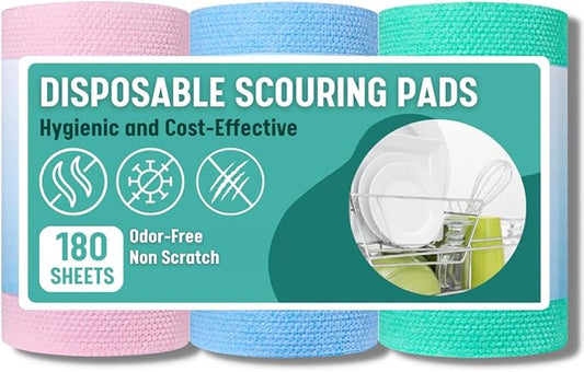 Disposable Dish Scrubbers 180 Sheets, Reusable Dishcloth for Heavy Duty, Dish Washing, Household Cleaning, Odd-Free (3 Rolls of 60 Sheets)