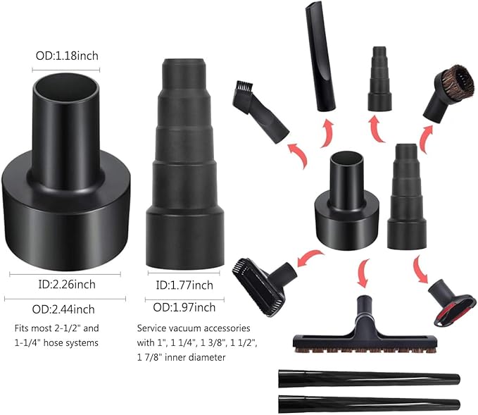 Vacuum Attachments for Shop Vac Accessories, 1 1/4" to 2 1/2" Vacuum Cleaning Accessorie Kit, 1" to 1 7/8" Vacuum Brush Attachment for Shop Vac Attachments Set of 11