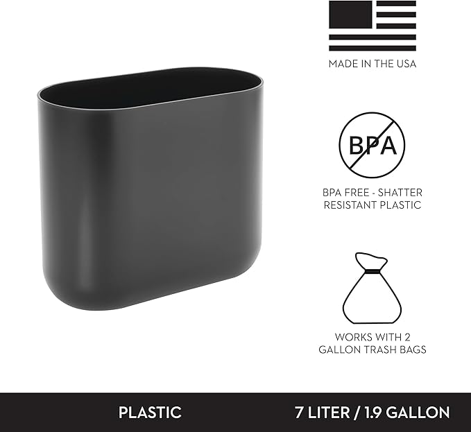 iDesign Small Slim Plastic Bathroom Trash Can, Garbage Can for Bedroom, Office, Desk, Dorm, 2-Pack, Gray