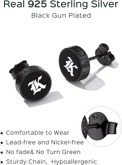 ChicSilver 925 Sterling Silver Viking Rune Natural Black Onyx Stud Earrings For Women Men