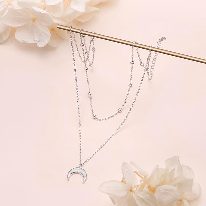 FLYOW Layered Choker Necklace S925 Sterling Silver Star Full Moon Daisy Flower Pendant Disc Jewelry Adjustable Clavicle Necklaces for Women Girls Birthday Gifts