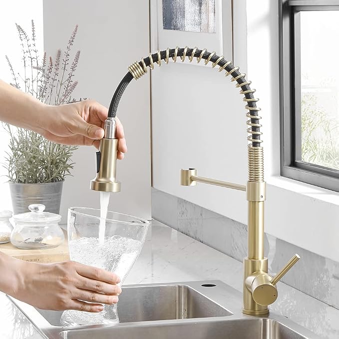 Kitchen Faucets with Pull Down Sprayer 304 Stainless Steel Industrial Single Handle One Hole Faucet for Farmhouse Camper Laundry Utility Rv Wet Bar Sinks Gold 9009K