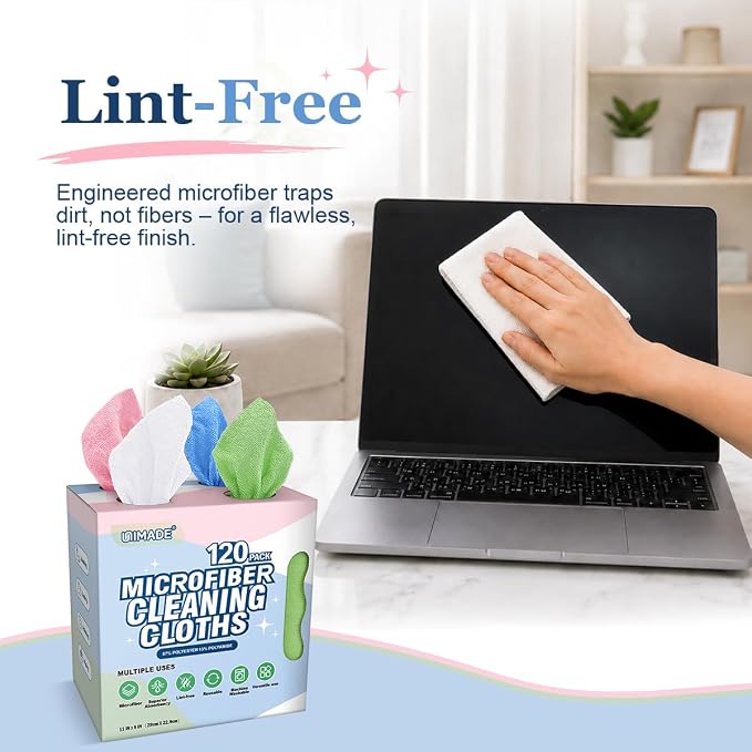 UNIMADE Microfiber Cleaning Cloth, 120 Pack Reusable Paper Towels Microfiber Towels for Cars Lint Free Shop Rags with for Home Kitchen Automotive, 11"x 9", White & Green & Blue & Pink
