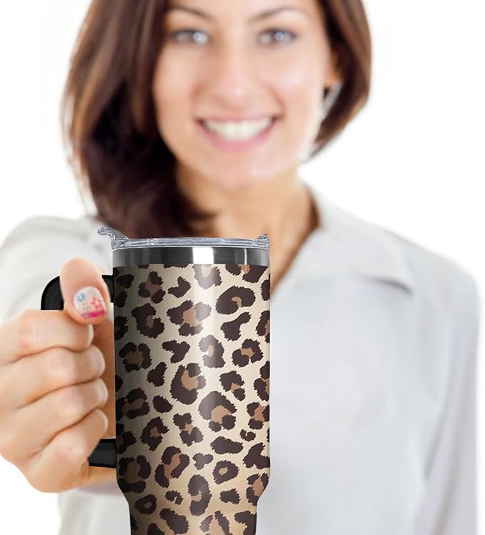 Ceovfoi 40 Oz Tumbler With Handle, Leopard Print Cheetah Coffee Travel Mug Cup, Water Bottle, Decor, Gifts for Women