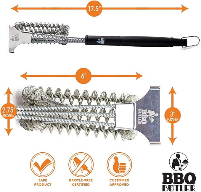 BBQ Butler Bristle Free Grill Brush - 360 Degree Grate Scraper - Safe BBQ Cleaning Grill Brush - Stainless Steel - Grilling Accessories - Gas - Charcoal - Porcelain - Ceramic - BBQ Cleaner