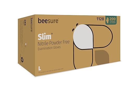 BeeSure BE1128 Slim Nitrile Powder Free Exam Gloves, 2.5 mil, White, Large (Pack of 200)