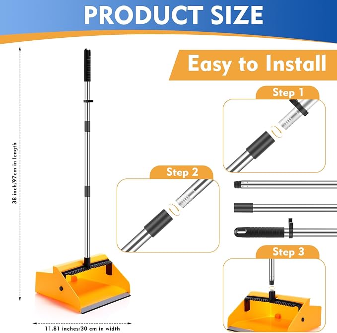 Didaey 1 Pcs Commercial Dustpan with Comb 38” Long Handle Upright Heavy Duty Dust Pan Outdoor Indoor for Courtyards Garages Lobby Mall Market Market Floors Office Pet Hair Rubbish Cleaning (Yellow)