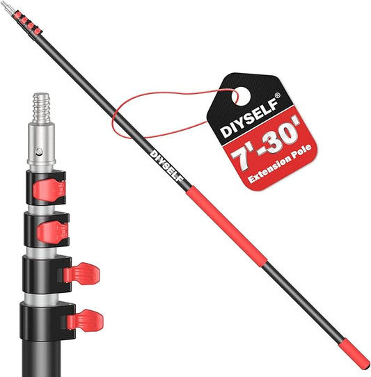 DIYSELF 30 FT Paint Extension Pole, Adjustable Telescoping Pole with Locking Mechanism, Comfortable Sponge Handle, 7-30 Ft Extension Pole for Cleaning, Paint Pole for Painting, Gutter Washing