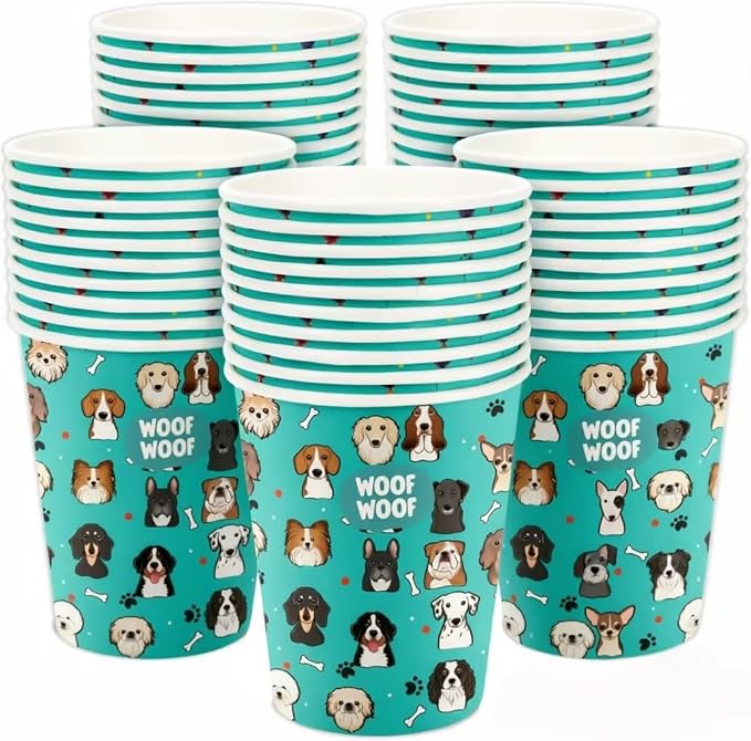 50Pcs Pet Dog Paper Cups Vintage Puppy Birthday Party Disposable 9oz Paper Cups for Sports Supplies Decorations Drinking for Birthday Party Favors