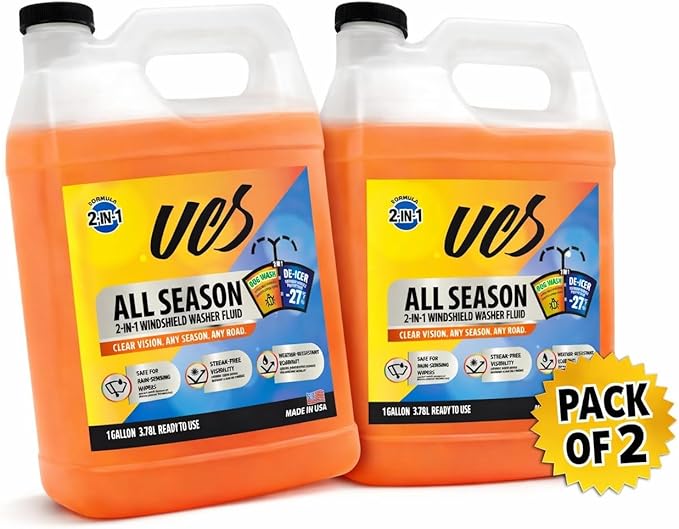 UCS All-Season Windshield Washer Fluid -27F Winter Protection – 2-in-1 Bug Remover – Streak-Free Formula – 2 Pack (2 Gallons Total)