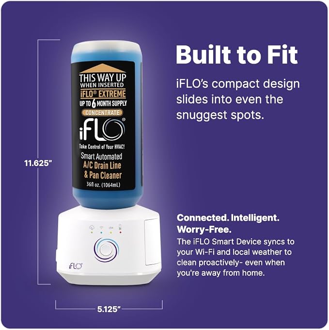 iFLO® Smart A/C Drain Line Cleaner and Drain Pan Cleaner Cartridge Concentrate, Fast-Acting, Long-Lasting HVAC System Solution for Tough Clogs & Buildup, 6-Month Supply per Bottle, 1 Pack of 36oz