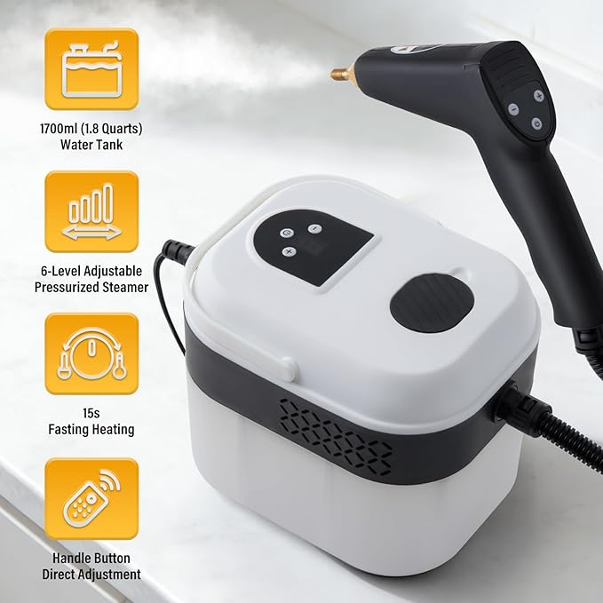 Lamberia Steam Cleaner with 16pcs Accessories, 2500W 1700ml 1.8 Quarts Tank, 6-Level Adjustable Portable Handheld Pressurized Steamer, 15s Heat-Up Steam Cleaner for Home, Car, Kitchen(White, US Plug)