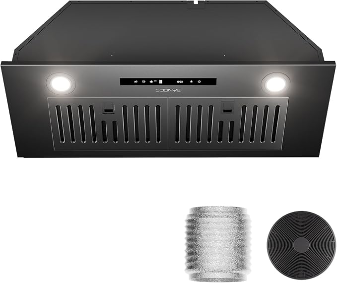 30 Inch Range Hood Insert, 600 CFM Convertible Ducted/Ductless Matte Black Hood with Touch and Gesture Controls, 3-Speed Fan, LED Lights, Baffle & Carbon Filters